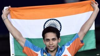 India's Kashyap Parupalli celebrates after winning his badminton gold medal