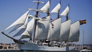 The training ship of the Spanish Armada, Juan Sebastian De Elcano, sails on the Tejo River in Lisbon on 22 July 2012.