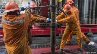 Derrick hands on a Pemex owned oil rig