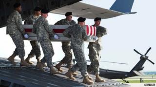A US Army detail carries a transfer case with the body of Major General Harold Greene during a dignified transfer at the Dover Air Force Base in Dover, Delaware 7 August 2014