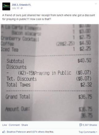 Prayer receipt from Mary's Gourmet Diner