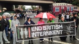 Some of the anti-internment marchers heading towards Belfast city centre