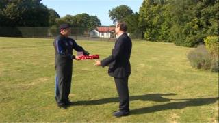 WWI wreaths delivered by parachute at Netheravon Airfield, Wiltshire