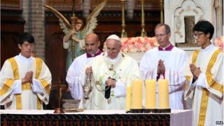 Pope Francis leads a Mass for peace and reconciliation on the Korean Peninsula at Myeongdong Cathedral in downtown Seoul, South Korea, 18 August 2014.