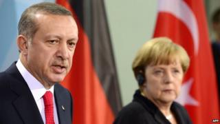 Recep Tayyip Erdogan and Angela Merkel at addressing a press conference after meeting for talks at the chancellery in Berlin