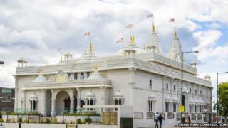 The exterior of the Shree Swaminarayan Siddhant Sajivan Mandal Temple in Kingsbury