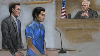 Defendant Dias Kadyrbayev, centre, is depicted in illustration form on 21 August 2014 in federal court in Boston during a hearing where he pleaded guilty before Judge Douglas P. Woodlock, right