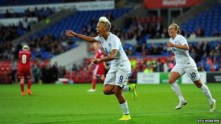 Lianne Sanderson celebrates after scoring goal