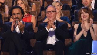 Birdman director Alejandro Inarritu with Michael Keaton and Emma Stone