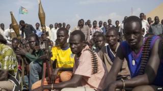 Members of the "white army", a militia that is part of the rebel alliance loyal to Riak Machar, pictured in Nasir, South Sudan - April 2014