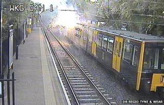 Cable sparks on Metro train at Walkergate Station