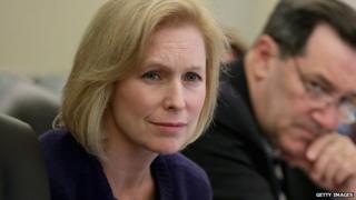 New York Senator Kirsten Gillibrand sits at a Senate committee hearing.
