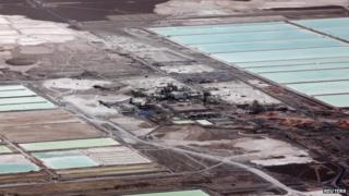 An aerial view of an SQM-owned lithium mine on the Atacama salt flat in a photo from 10 January 2013