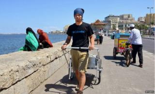 Masahito Yoshida in Alexandria, Egypt, at the start of his trek across Africa