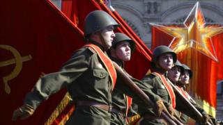 Russians dressed as World War-II-era Soviet soldiers on parade in the Red Square in Moscow in 2006