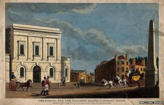 A coloured engraving of a "school for the indigent blind" from 1813.