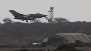 British Tornado jet landing at RAF base in Akrotiri, Cyrpus