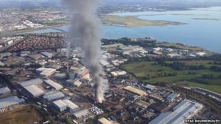 The smoke plume pictured from the Bournemouth National Police Air Service helicopter