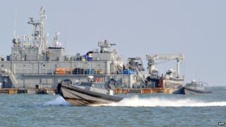 A South Korean Navy mobile sea base platform operating off Yeonpyeong island is pictured on the second anniversary of North Korea's attack on the border island on 23 November 2012.
