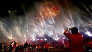 Fireworks light the sky over Salt Lake stadium in Calcutta, India, 12 October 2014, prior to the opening match of the Indian Super League