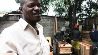 Dixon Makela at his coffin workshop