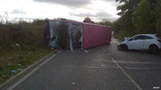 Overturned bus on St Albans Road