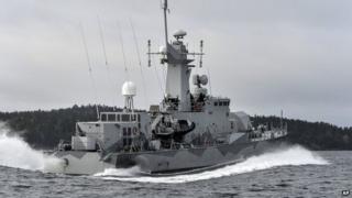 Swedish corvette HMS Stockholm patrols Jungfrufjarden in the Stockholm archipelago, Sweden, 20 October 2014