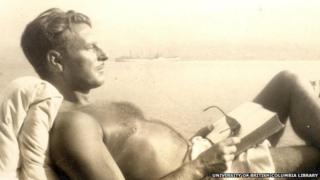 Malcolm Lowry reclining in a deck chair at Dollarton, 1945