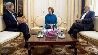 US Secretary of State John Kerry, EU representative Catherine Ashton, and Iranian Foreign Minister Mohammad Javad Zarif at talks in Vienna, Austria - 15 October 2014