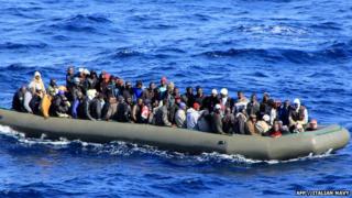 Migrants in a boat in Italian waters