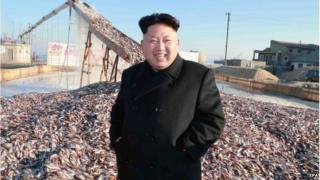 An undated picture made available by the North Korean Central News Agency (KCNA) on 20 November 2014 shows North Korean leader Kim Jong-un touring a military fisheries processing factory at an unknown location in North Korea.