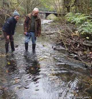 Claire Pattison and Lloyd Atkinson inspecting the trout spawning areas, or “redds”