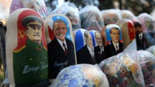 Russian dolls featuring Stalin, Barack Obama and other current or former world leaders on sale at a market in the Moldovan capital, Chisinau.