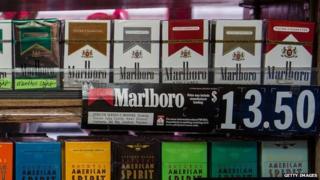 Cigarettes on display at a New York city store.