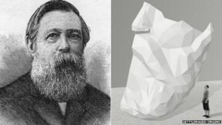 Friedrich Engels and an artist's impression of the beard sculpture