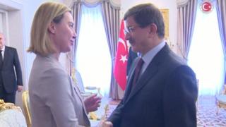 EU foreign policy chief Federica Mogherini with Turkish PM Ahmet Davutoglu (8 Nov)