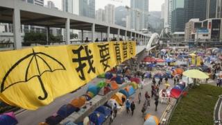 A general view of the Admiralty camp, occupied by pro-democracy supporters of Occupy Central and the Umbrella Movement for over two months, as seen on the final day before the Hong Kong police and bailiffs intend to clear the major six lane highway back to normal, Hong Kong, China, 10 December 2014.