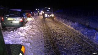 Stranded vehicles on the A68 at Carter Bar