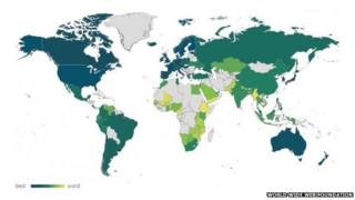 Map of world showing net access