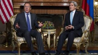 US Secretary of State John Kerry (R) meets Russia's Foreign Minister Sergei Lavrov at Villa Taverna in Rome 14 December 2014