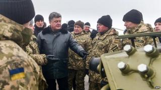 President Petro Poroshenko with troops in Chuguiv, Kharkiv region. 6 Dec 2014