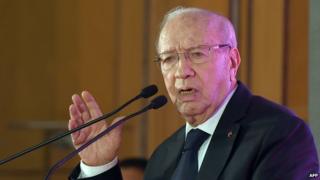 Tunisian presidential candidate Beji Caid Essebsi speaks during a meeting to present his presidential programme in Tunis on 15 December 2014.