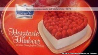 The packing for a cake, thousands of which have been stolen from a Serbian landfill site