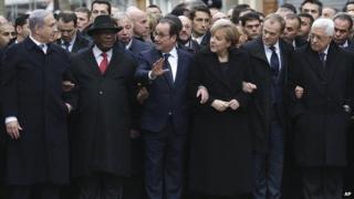 French President Francois Hollande is joined by world leaders in Paris during the unity march.