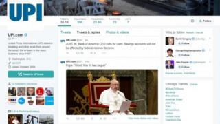 Screen grab from 16 January 2015 shows a United Press International Twitter account that was hacked displaying suspicious tweets on false economic and military news.