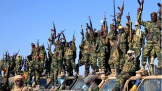 Chadian soldiers gather on 1 February 2015 near the Nigerian town of Gamboru