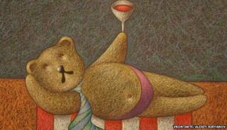 A painting from the collection of a bear holding a drink