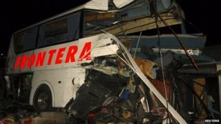 Wreckage of passenger bus at site of accident with train in Anahuac. 13 Feb 2015