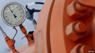 A monitoring instrument seen on the gas distribution pipeline in Beregdaroc, in Hungary, one of several points where Russian gas crosses into the European Union, on 10 February 2015.
