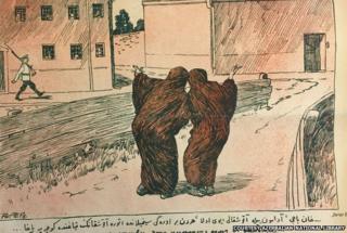 An Azeri woman points to a building with windows, which is a prison, while on their right is a house of Muslim women with none. Picture: Courtesy of the Azerbaijan National Library.